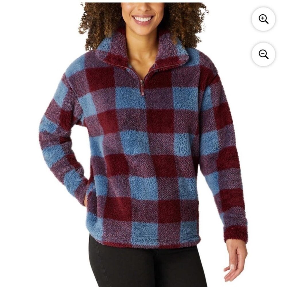 Eddie Bauer - Ultrasoft Fleece 1/4 Zip Pullover | XS | Blue & Burgundy Check